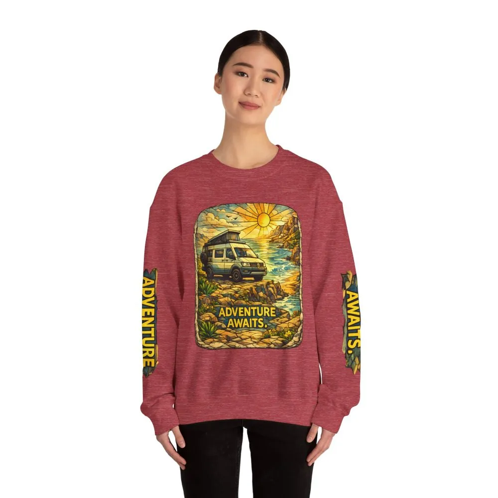 Unisex Heavy Blend™ Crewneck Sweatshirt — "Adventure Awaits" Design Cubic-Line