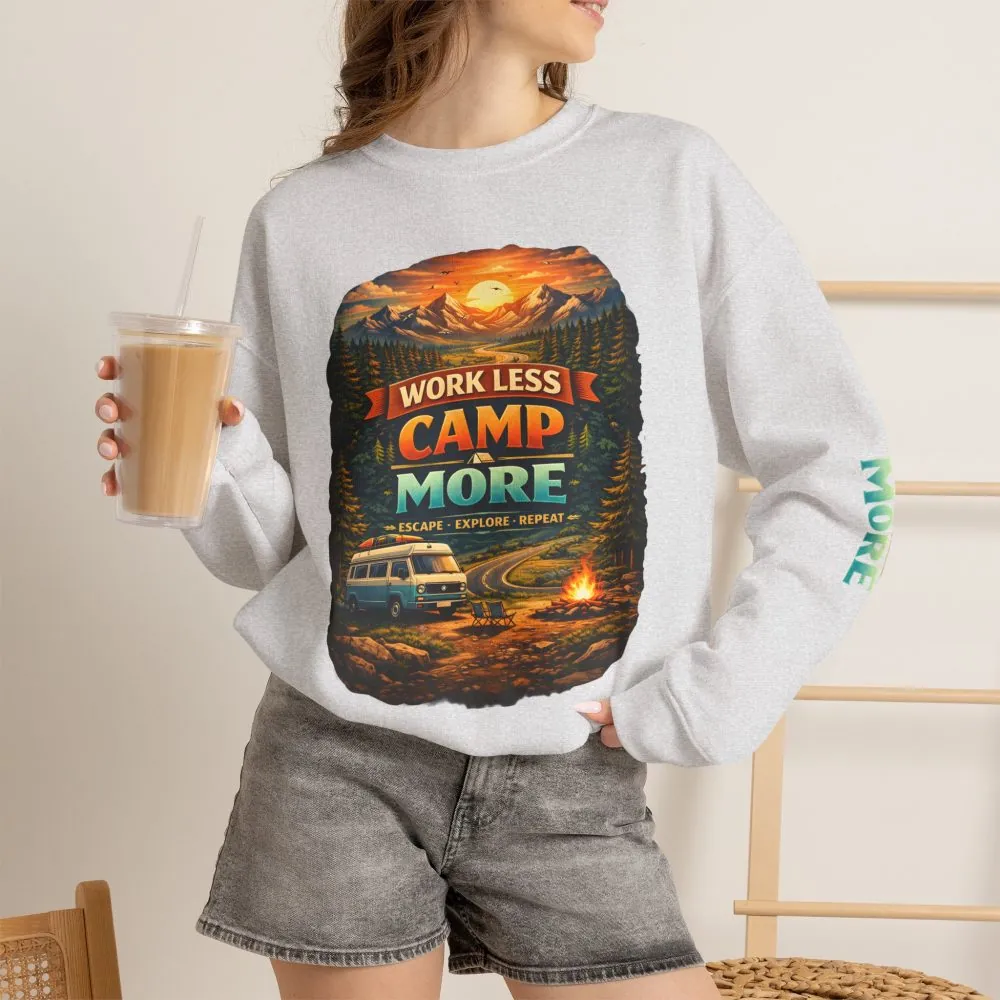 991411431501420470_2048.jpeg Unisex Heavy Blend™ Crewneck Sweatshirt — "Work Less-Camp More" Design Scenic-Line