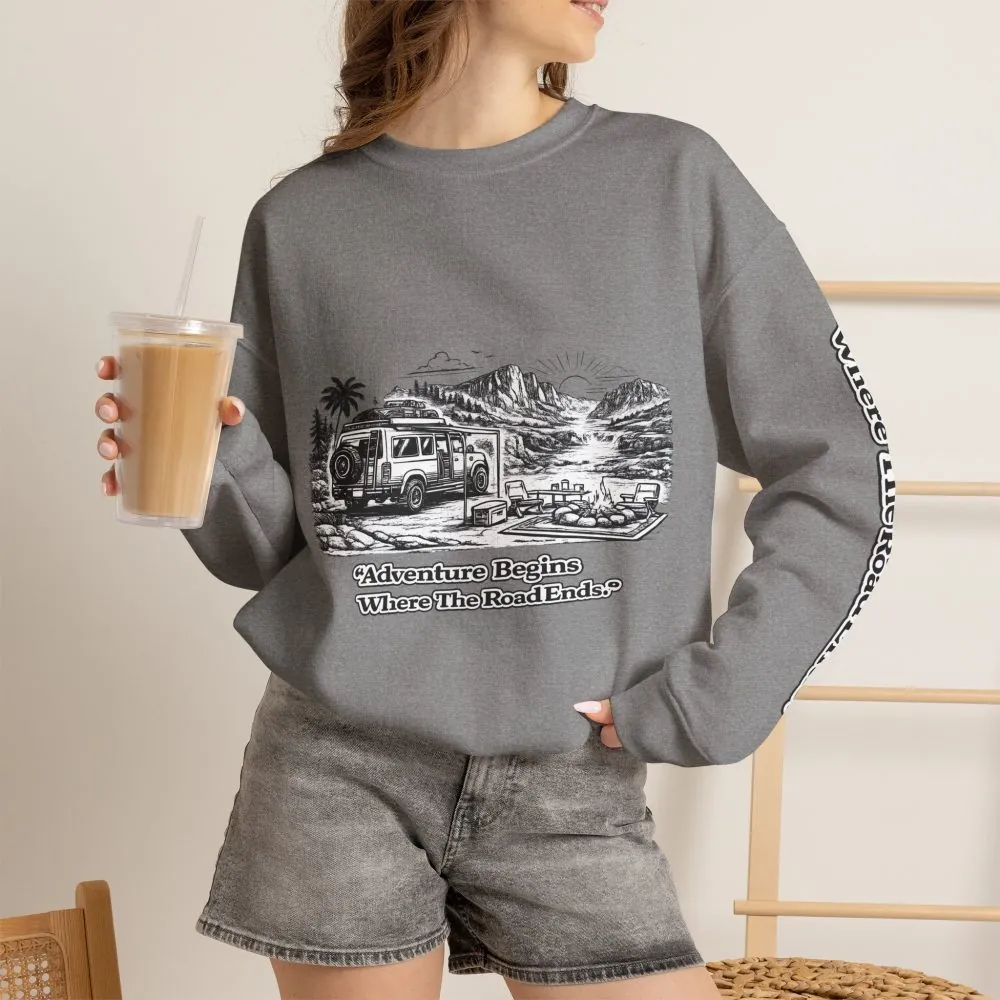 9919378479472156169_2048.jpeg Unisex Heavy Blend™ Crewneck Sweatshirt — "Adventure Begins Where The Road Ends" Design Minimal-Line