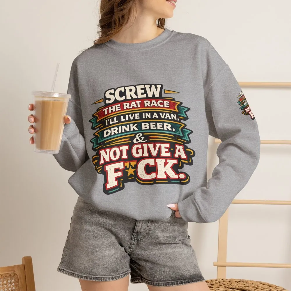 Unisex Heavy Blend™ Crewneck Sweatshirt — "Screw The Rat Race" Design F**K-Line