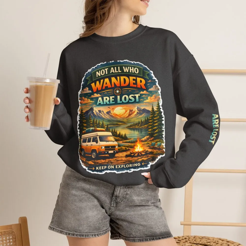 Unisex Heavy Blend™ Crewneck Sweatshirt — "Not All Who Wander Are Lost" Design Scenic-Line