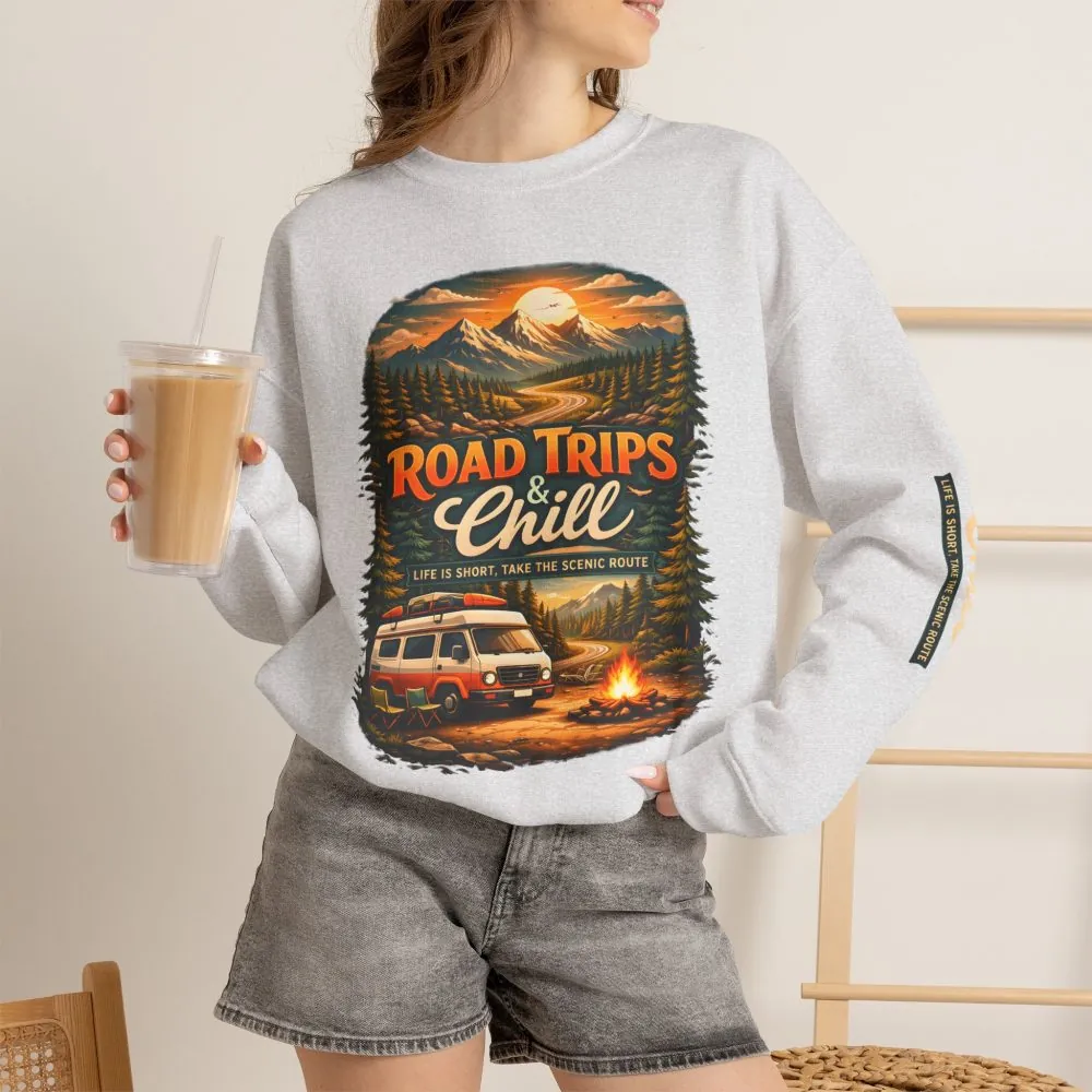 Unisex Heavy Blend™ Crewneck Sweatshirt — "Road Trips & Chill" Design Scenic-Line