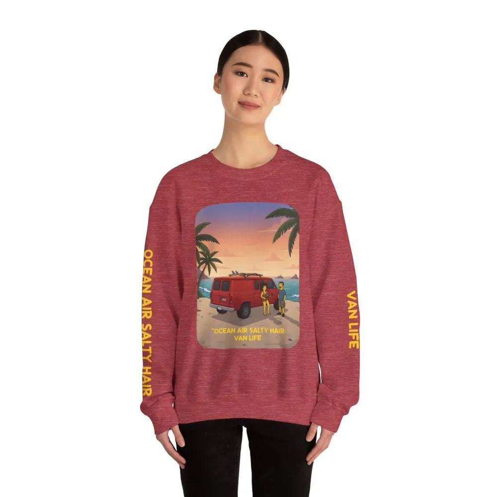 Unisex Heavy Blend™ Crewneck Sweatshirt — "Ocean Air Salty Hair Van Life" Design Sitcom-Line