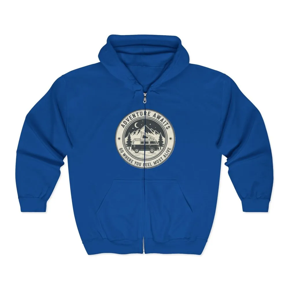 9970761599614861776_2048.jpeg Zip Hoodie — "Adventure Awaits-Go Where You Feel Most Alive" (Only Front Printed) Camper Van Adventure Zip-Up