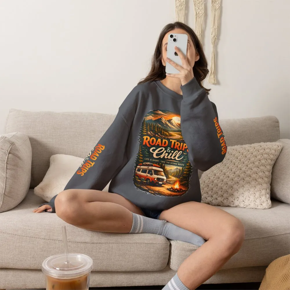 Unisex Heavy Blend™ Crewneck Sweatshirt — "Road Trips & Chill" Design Scenic-Line