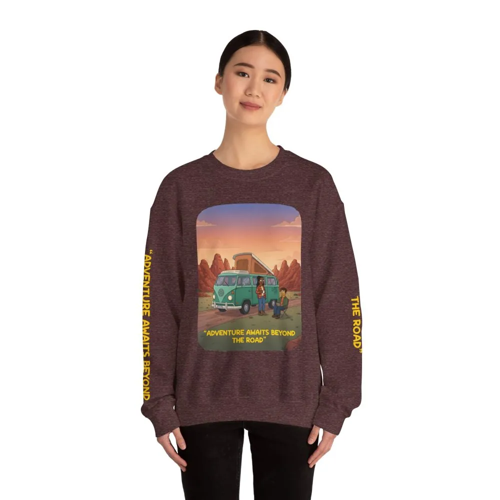 9999753640139681767_2048.jpeg Unisex Heavy Blend™ Crewneck Sweatshirt — "Adventure Awaits Beyond The Road" Design Sitcom-Line